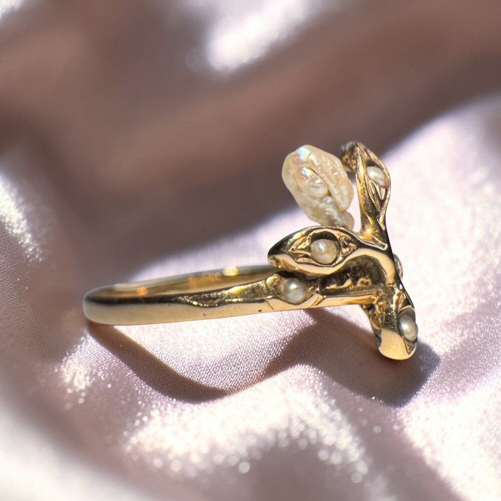 ANTIQUE- Art Nouveau - 14K Gold- Baroque Pearl & Seed Pearl Ring -Size 6.5 -1.2g - Picture 3 of 17